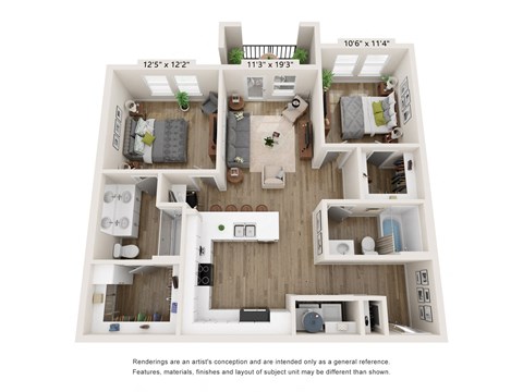Floor plan for 2 beds, 2 baths, 1101 sqft